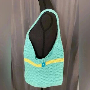 Turquoise with Yellow Stripe Hand Crocheted Shoulder Bag